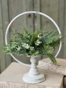 Circlet Halo Holder, 15.75 Inch Metal Candle Holder, Farmhouse Ring Stand, Floral Display Stand, White Distressed Decor