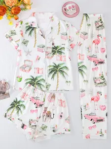 Women's Sleepwear Set, Pajama Set, Button Front Short Sleeve Top & Loose Comfortable Shorts/pants, Casual Coconut Tree Pattern, All Seasons