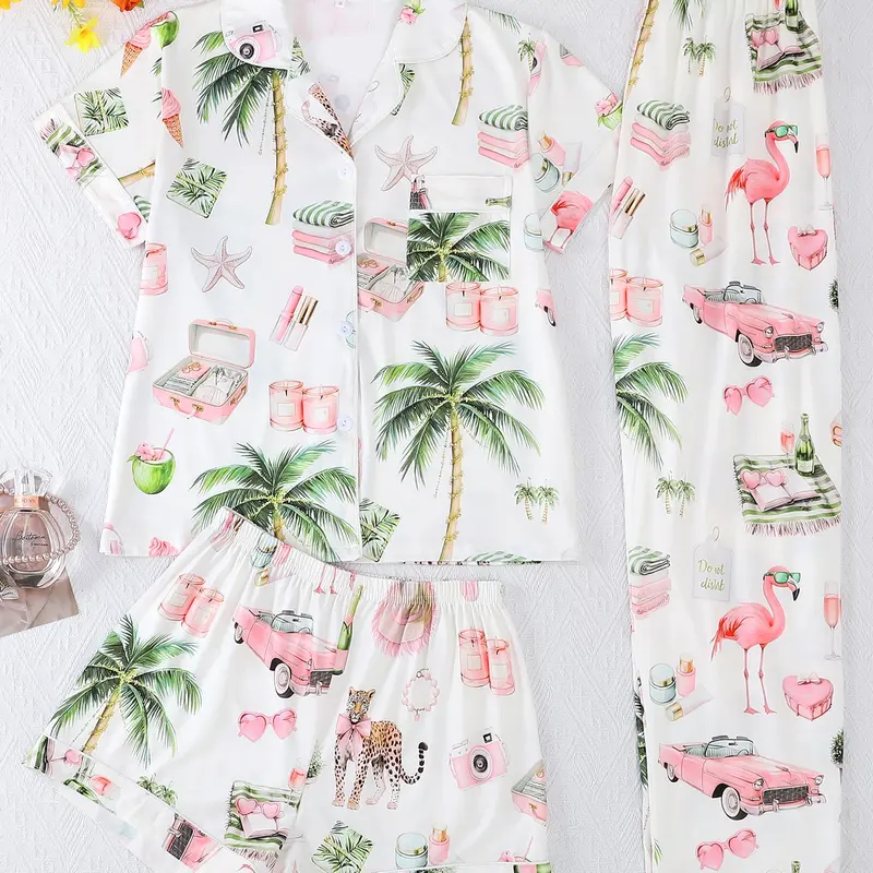 Women's Casual Coconut Tree Print Sleepwear Set Set, Printed Sleepwear Set Button Front Short Sleeve Top & Loose Comfortable Shorts & Pants Cartoon Pattern Pajamas Set for All Seasons