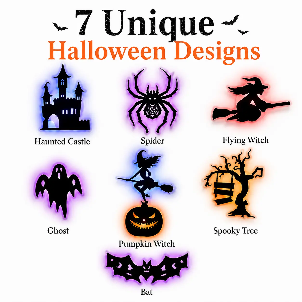 Halloween bat night light, peel-and-stick decorative lamp, no need to punch holes, PET waterproof wall decoration, includes ghosts, pumpkins, witches, bats, castles, spiders, and trees, perfect for home windows, doors, and parties