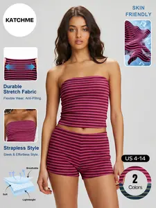 Katch Me Chic Women's Versatile Stripe Strapless Flattering Tube Top & Shorts Co-ord, Summer Lightweight Stretchy Curvy Friendly Two Piece Sets, Breathable Wrinkle-Resistant Going Out Outfit #TikTokMadeMeBuyIt #TwoPieceSet #SummerEssentials
