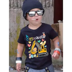 GOURD DOLL Boys' Easter Summer Fashion "EGGS CAVATOR" Cartoon Rabbit Excavator Print T-Shirt, Casual Crew Neck, Short Sleeve, Regular Fit, 96%, Elastane 4%, Asymmetrical Hem, Slight Stretch, Knit Fabric - for Going Out (3-13Y)