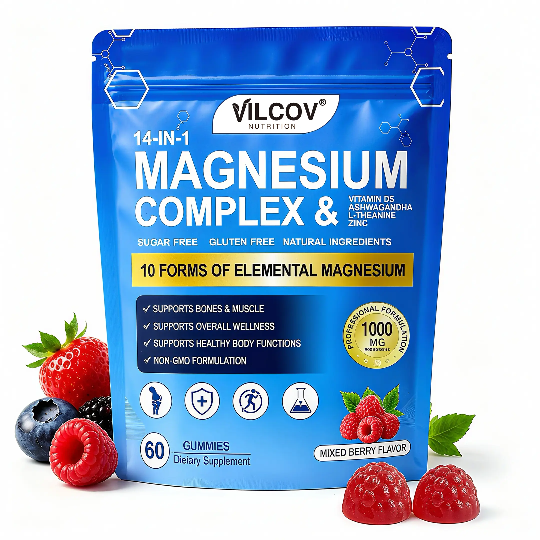 VILCOV 14-in-1 Gluten-Free Natural Magnesium Complex + Ashwagandha Chewable Gummies, Mixed Berry, 60 Count - With D3, Zinc, L-Theanine - Supports Calm Focus, Sleep, Vitality - Ideal for Home, Office