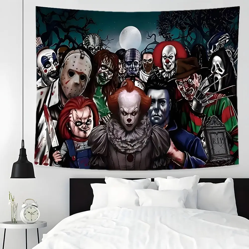 Horror Movie Character Collage Design Large Tapestry, Wall Tapestries, Tapestry Wall Hanging, Classic Slasher Multiple Sizes Polyester Fabric for Wall Decoration, Easy to Clean, Soft and Durable, Home & Parties, Family And Friends