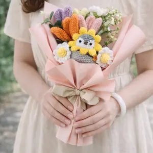 Handmade Crochet Sunflower Penguin Bouquet, Valentine's Day Mother's Day Party Gift, Anniversary Present, Artificial Mixed Flower Fake Real Look