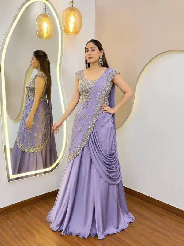 RICH LOOK CREPE SILK EMBROIDERY SEQUENCE WORK LEHENGA SAREE WITH STITCHED BLOUSE LAVENDER IN XL
