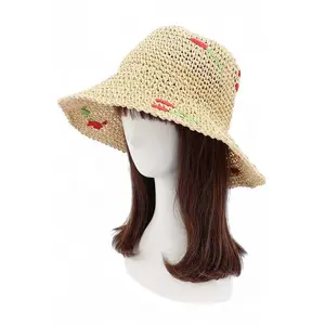 Cherry Embroidered Crochet Straw Bucket Hat