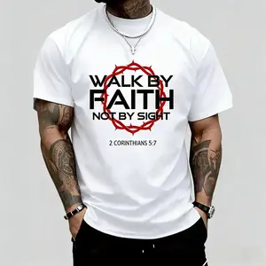 Jesus Walk By Faith Christian T-Shirt Men's Round Neck Short Sleeve Graphic Tee Easter Good Friday Religious Wear Classic Casual