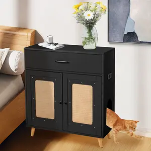 Cat Litter Box Furniture with Slot Row & Ventilation - Black/Wood Hidden Cabinet with Drawer, Versatile Entryway Storage