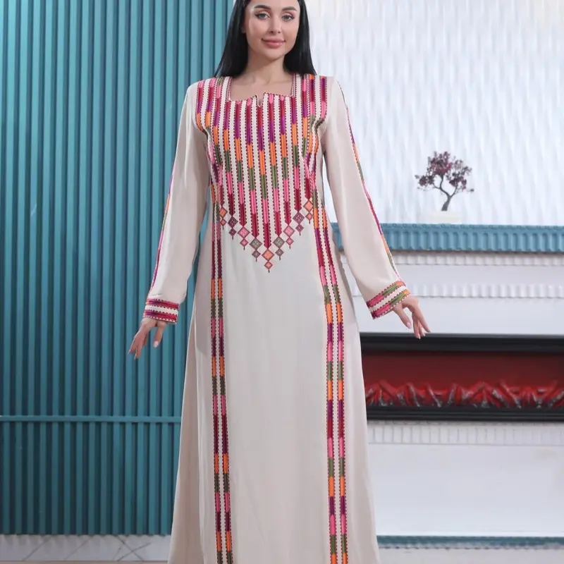 modern jordanian dress Women's Embroidered Abaya with Long Sleeves and Belt, Modern Jordanian Style Modest Fashion for Casual or Formal Events, Women's Clothes