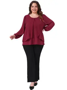 Agnes Orinda Women's Plus Size Chiffon Tops Crew Neck Layered Panel Flowy Long Sleeve Blouse Dressy Work Shirts