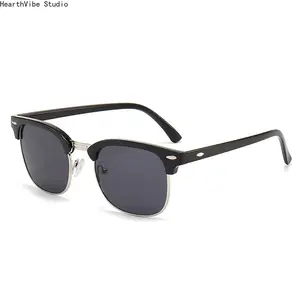 Vintage Retro Half Frame Sunglasses, Trending Rivet Mirror Reflective Aviator Shades for Women Men, Fashion UV Protection Outdoor Eyewear for Driving Travel Beach Party Streetwear