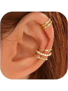 4 Pairs Ear Cuffs Non Piercing - 14K gold plated Ear Cuff Earrings for Women Ear Cuff for Non Pierced Ears Clip on Cartilage Earring Adjustable Fake Earrings Set Earring Stack Hoop Earrings