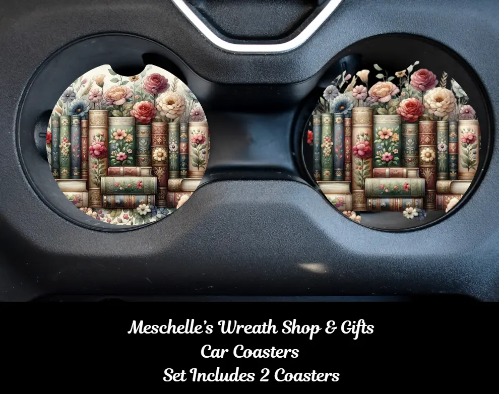 2-Pieces Car Coasters, Sublimation Handcrafted Neoprene/Ceramic Accessories, 2.6x0.24in/2.75-inch Sizes, Colorful Art Books & Flowers Design, Easy to Clean, Spill Protection, Stylish Standard Cup Car Interior Decoration