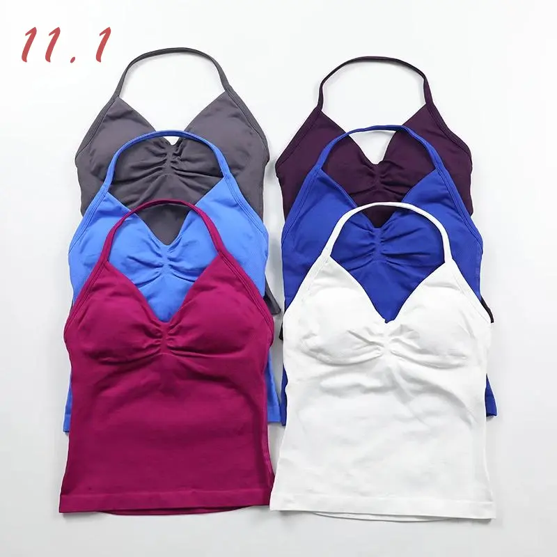Impact Longline Strappy Top Women Seamless Yoga Tank Tops Scrunch Backless Gym Clothes Padded Workout Athletic Sleeveless Shirts-0111