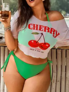 Plus Size Women Cherry Print 3-Piece Swimsuit Set With Triangle Top, Halter Neck, And Semi-Sheer Half-Sleeve, Simple And Fashionable Vacation Casual Swimwear For Summer