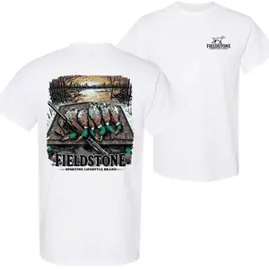 Cotton Unisex Fieldstone Duck Hunting graphic short sleeve crew neck tee with waterfowl hunting scene, soft cotton relaxed fit casual top, unisex southern country streetwear graphic t shirt, gift idea for men, family, or friends fits Daily T-sh