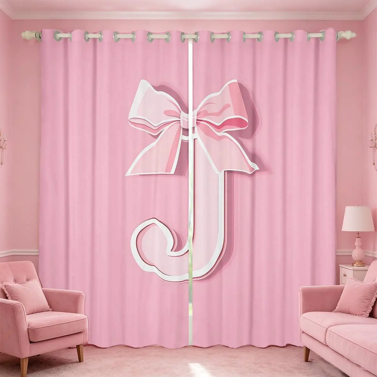 Pink Bowknot Blackout Curtain,(2 Panels,),Personalized Gifts Initial Letter J Curtains Bedroom Living Room Romantic Blackout Curtains,Window Treatments