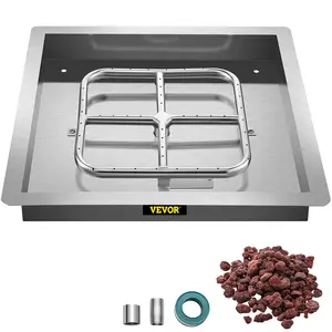 VEVOR Drop in Fire Pit Pan,  18\" x 18\" Square Fire Pit Burner, Stainless Steel Gas Fire Pan, Fire Pit Burner Pan with 1 Pack Volcanic Rock Fire Pit Insert with 90K BTU for Keeping Warm with Family & Glass Grill