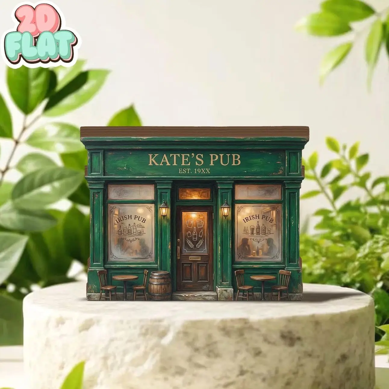 Personalized Irish Pub 2D FLAT Wooden Block Decor, Custom Pub Name Shelf Sign, Green Bar Book Nook Style, Irish Home Decor Gift