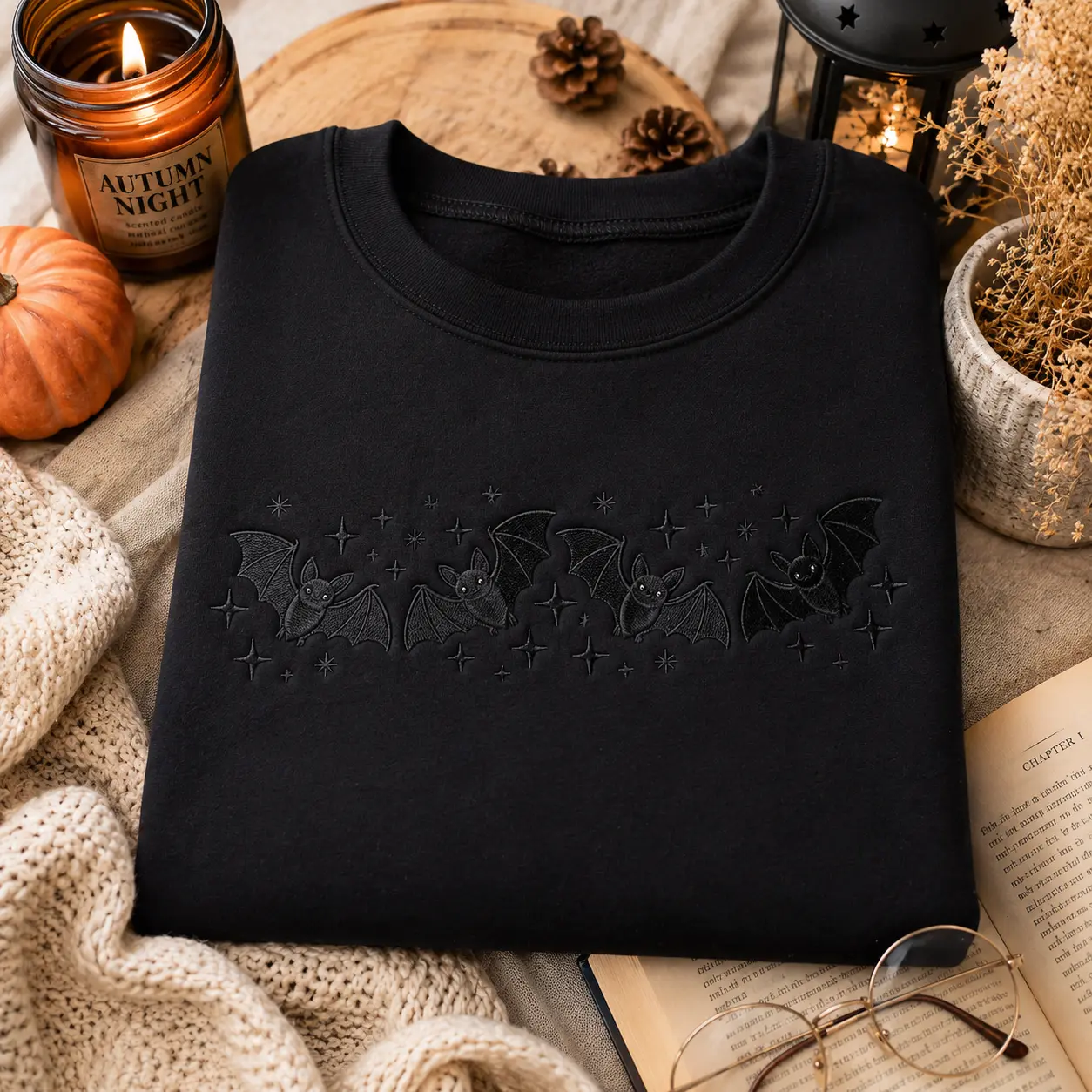 Embroidered Bats And Pumpkins Sweatshirt, Fall Cosy Sweater, Halloween Gifts, Halloween Embroidered Sweatshirt, Spooky Autumn Jumpers