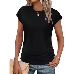 OFEEFAN Womens Summer Tops Trendy 2025 Ruched Cap Short Sleeve Tshirts Shirts Crew Neck T Shirts Fashion