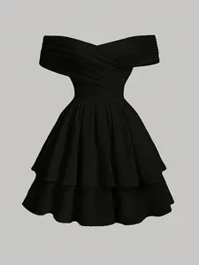 Women's Plain Off-Shoulder Fitted Dress with Double Layer Hem, Elegant Chic Trendy Fashion, Perfect for Casual, Party and Formal Wear