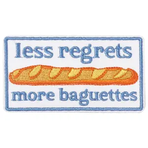 Less Regrets More Baguettes Embroidered Patch, Back Adhesive Iron-On, Suitable for Clothes Jackets Hats Accessories