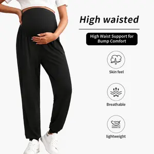 Maternity Pants for Women – Black Loose-Fit Casual Pregnancy Trousers with Adjustable Belly Support, Comfortable Stretch Workout & Lounge Pants, 90% Polyester 10% Elastane