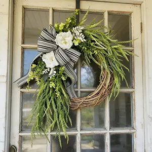 16-Inch Artificial Camellia Grapevine Wreath, Realistic Greenery Front Door Wreath with Striped Bow, Perfect for All-Season Farmhouse Decor