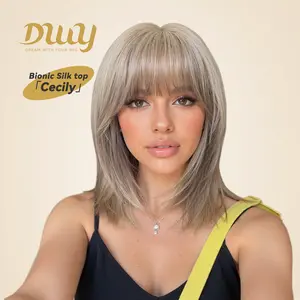 Cecily C-DWY New Technology! Bionic Silk Top 14-Inch Long Blonde Glueless Synthetic Wig with Bangs for Women High-Quality Premium Fiber Easy Wear Comfortable Fit