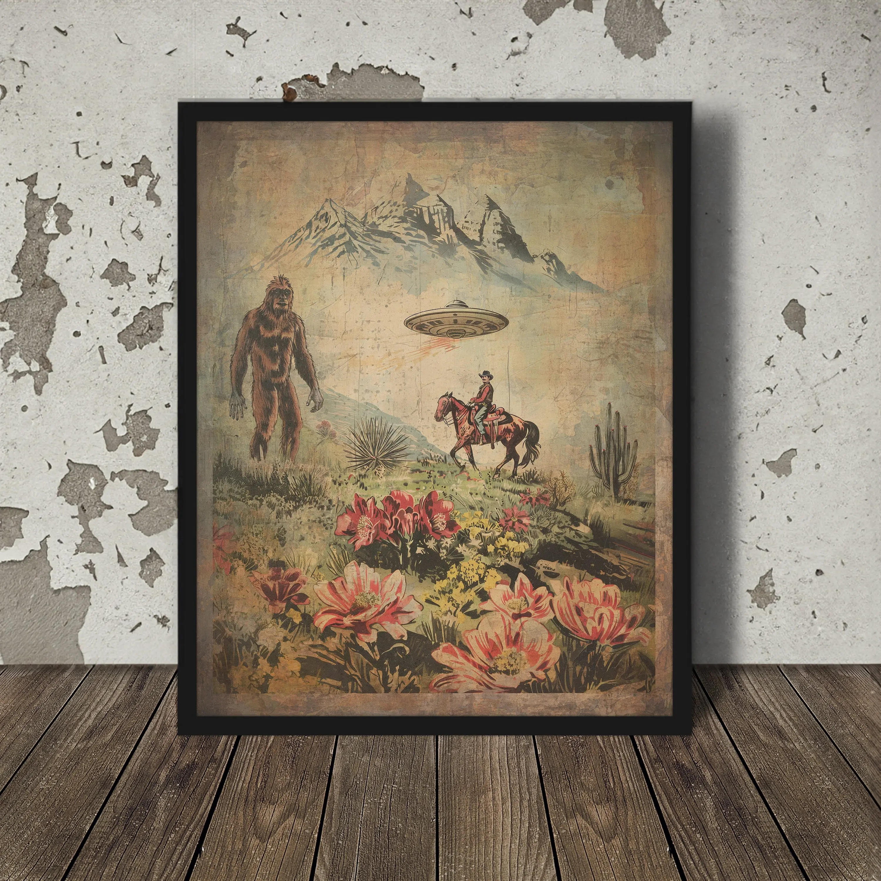 Artistic Unframed Sasquatch UFO Cowboy Western Wall Art Print - Waterproof Poster with Cactus Flower, Flying Saucer, Alien, Boxing Horse, Desert Sci-Fi Decor for Home, Wardrobe Gift (Plaid, Polka Dot, Houndstooth Accents), Kitchen, Decoration