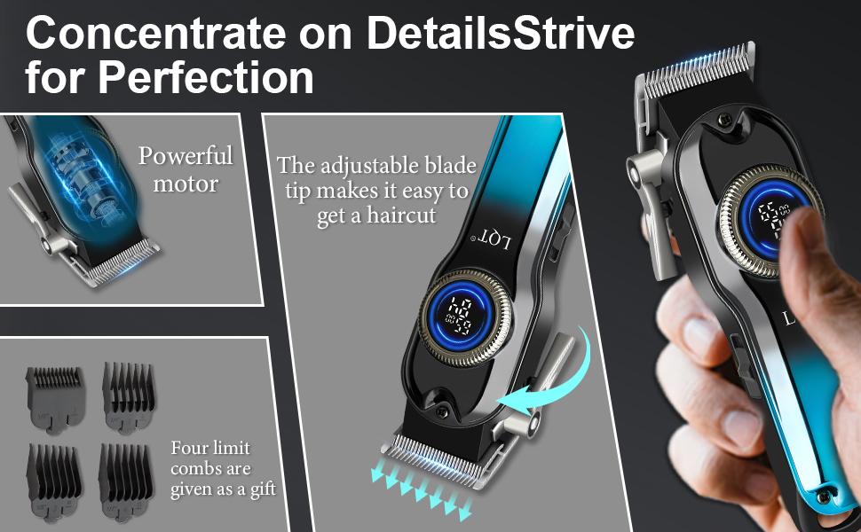 Wireless electric hair clipper, suitable for precise haircuts and beard trimming. Equipped with an LED power display, USB charging function, cleaning brush and guide comb, wireless rechargeable hair clipper set. adjustable blade