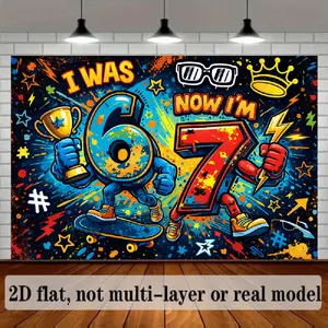 1PC,2D Flat Backdrop Graffiti - Style 7th Birthday Backdrop, From 6 to 7 Theme Party Decoration, Cartoon Number Characters with Skateboard & Lightning Elements, Photo Background Wall Supplies for Kids' Birthday Party