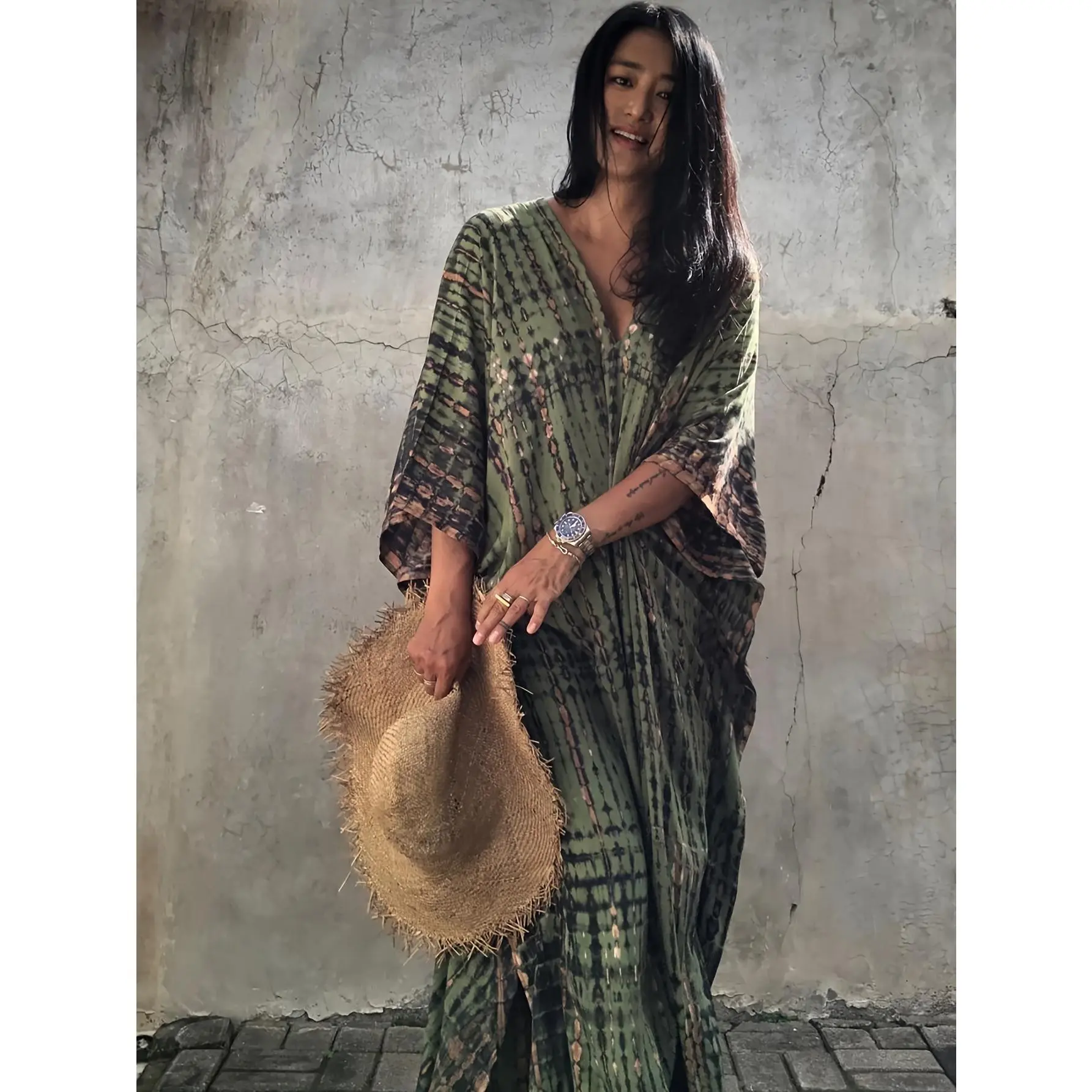 Women's Plus Size Midi Kaftan Dress - 100% Polyester, Loose Fit, V-Neck, Batwing Sleeves, Flared Hem |   Casual Retro Beach Cover Up