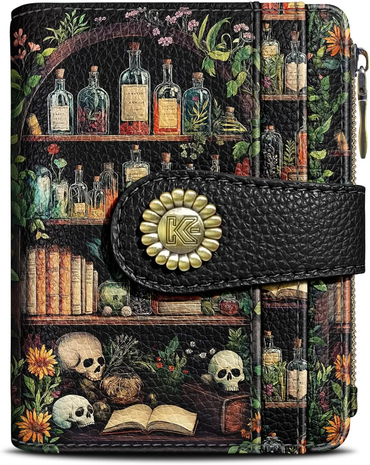 Women's Gothic RFID Blocker Bifold Wallet - Skull Bookshelf All Over Print PU Leather Compact Purse with 10 Card Slots, Zipper Coin Pocket, Figure & Aged Texture, Gift Idea for Women, Glass Bottles, Bronze, Anti-Theft Rfid Women's Wallets