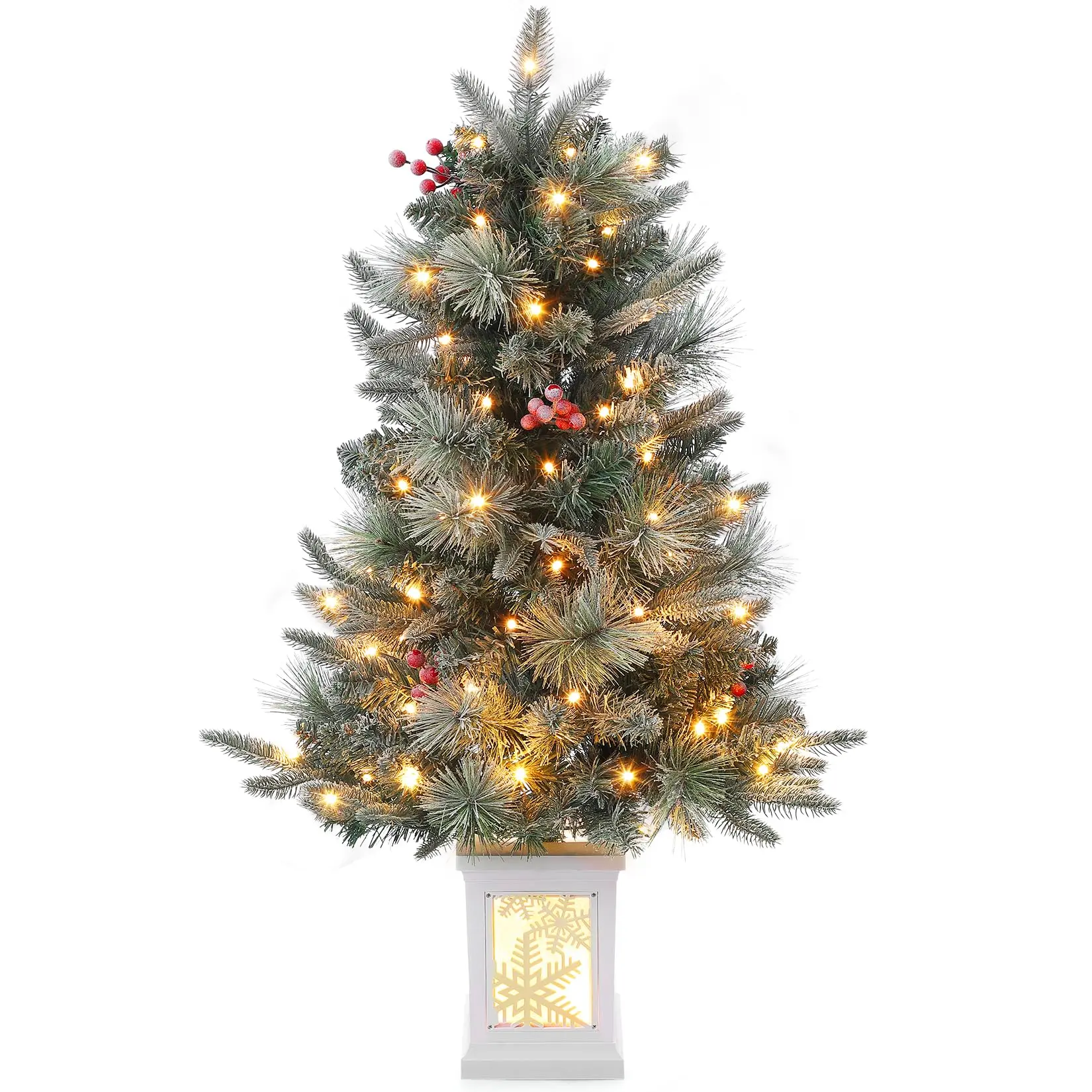 3ft Prelit Flocked Auto Glowing LED Artificial Miniature Christmas Tree & Light Box Set - 78 Warm White Battery-Operated Timer Lights, 8 Modes, Plastic Insert Pot, Christmas Ornaments, Indoor Holiday Counter Decor, Light Decoration