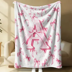 Coquette Pink Bow Initial Letter A Flannel Blanket, Girly Preppy Throw Blanket, Cute Romantic Warm Blanket for Teen Girls, Soft Gift Blanket, Cozy for Couch Bed Living Room Decor