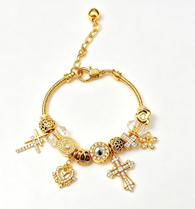 Gold Plated Adjustable Snake Chain Charm Bracelet, Cross Heart Flower Crystal Beaded Bracelet, Vintage Fashion Jewelry Gift for Women Girls