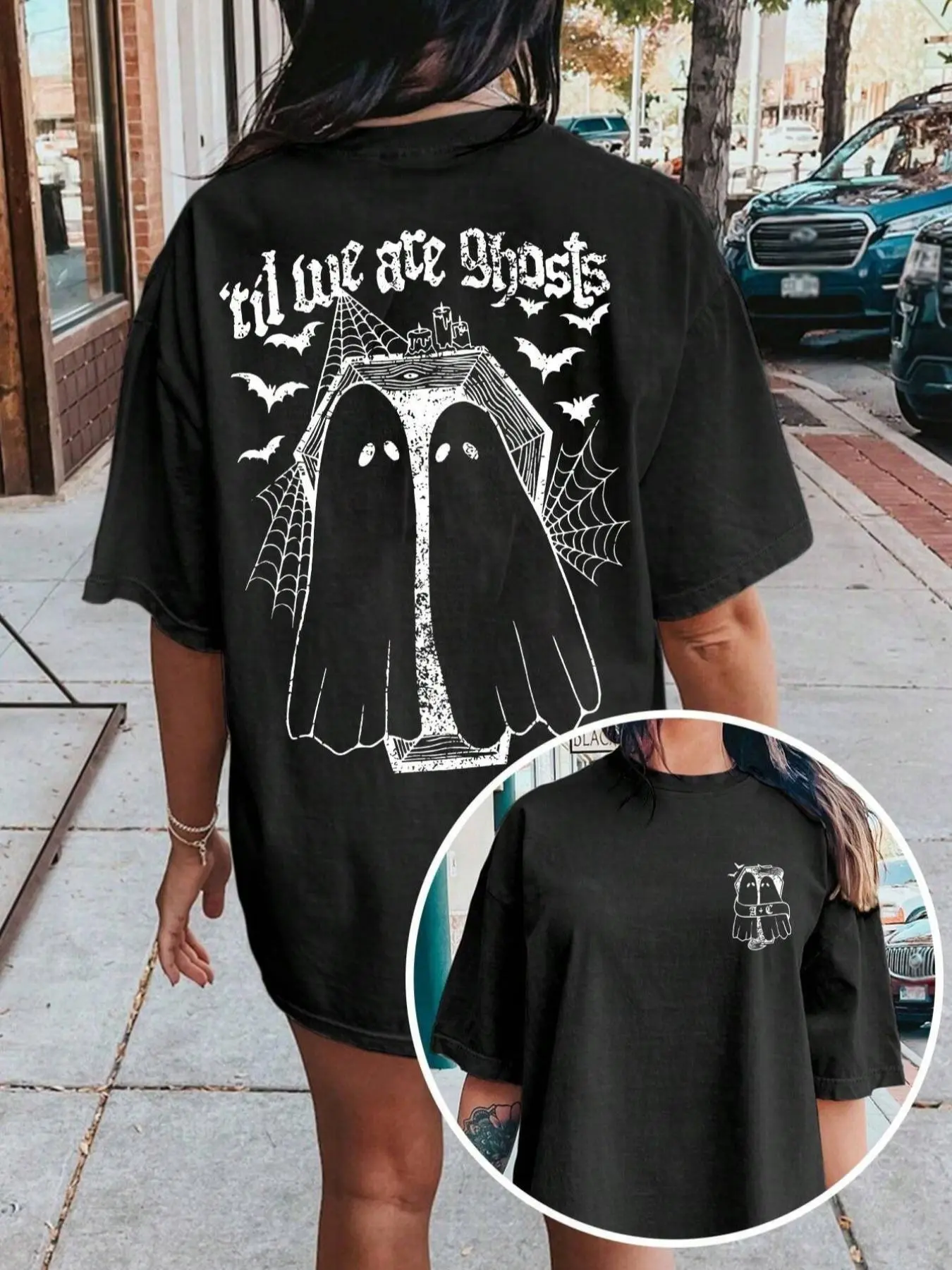 Women's Ghost & Letter Print Drop Shoulder Tee, Casual Streetwear Gothic Street Style Short Sleeve Round Neck T-shirt for Daily Wear, Clothing, Ladies Clothes, Womenswear for All Seasons Halloween
