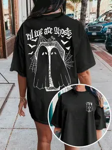 Women's Ghost & Letter Print Drop Shoulder Tee, Casual Streetwear Short Sleeve Round Neck T-shirt for Daily Wear, Clothing, Ladies Clothes for All Seasons Halloween