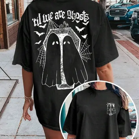 Women's Ghost & Letter Print Drop Shoulder Tee, Casual Streetwear Gothic Street Style Short Sleeve Round Neck T-shirt for Daily Wear, Clothing, Ladies Clothes, Womenswear for All Seasons Halloween
