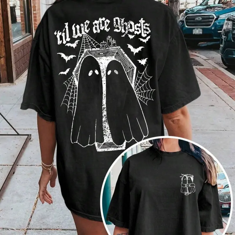 Women's Ghost & Letter Print Drop Shoulder Tee, Casual Streetwear Gothic Street Style Short Sleeve Round Neck T-shirt for Daily Wear, Clothing, Ladies Clothes, Womenswear for All Seasons Halloween
