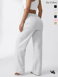 Vibe404 Women's Comfy High Waisted Non-Fleece Lounge Pants Athleisure Pants Lightweight Heather Grey Wide Leg Elastic Waist Sweatpants Gym Sportswear Bottoms Loose Fit for Yoga Gym & Daily Wear