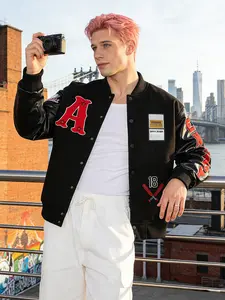 Men's Casual Baseball Jacket, Vintage Bomber Jacket, Racing Streetwear Coat, Fine Letter Embroidery, Faux Leather Sleeves, Single-Breasted, Varsity Outerwear for Daily Wear