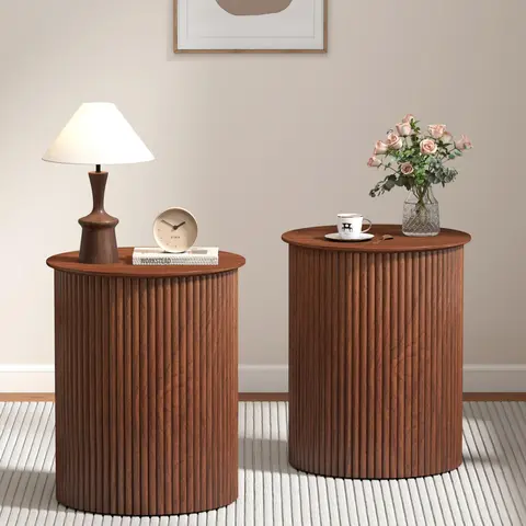 Giratree Small Round Side Table Fluted Night Stand, Mid Century Modern End Table, Circle Bedside Tables Wood Nightstands for Small Spaces, Living Room, Bedroom