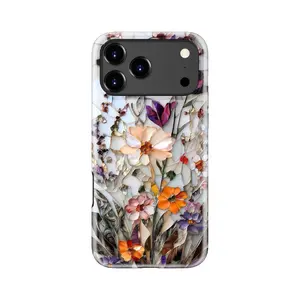 for iPhone 17 Pro Max Case Cute - Wireless Charging Compatible - Dual-Layer Hard Shell + Silicone Cover - Aesthetic Protective Phone Case for Women - Marble Pressed Flowers