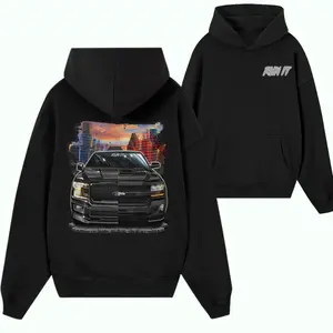 Silverado x F150 RUN IT Street Truck Hoodie – Black Custom Truck Graphic Sweatshirt, Urban Night City Truck Scene Hoodie, Street Style Racing Apparel for Truck Fans
