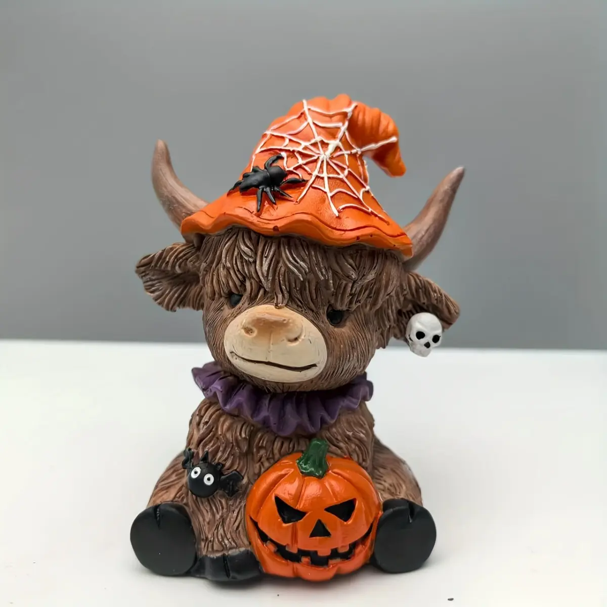Single Pack Handmade Halloween Highland Cow Skull Pumpkin Statue, Cost-Effective Resin 3D Animal Skeleton Figurine, Dark Art Decor Combo for Festive Party, Gothic Themed Bar Commercial Display Props