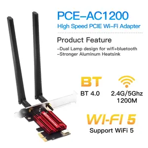 AC1200 WiFi 5 Internal PCI-E Wireless Adapter, Dual Band 2.4G/5GHz 802.11AC, Bluetooth 4.0, 9-Pin USB Cable, Desktop Use, Internal Type, Compatible with Most PCIe Slot Motherboards & PCI-E Sockets, for Windows 7/8/10/11